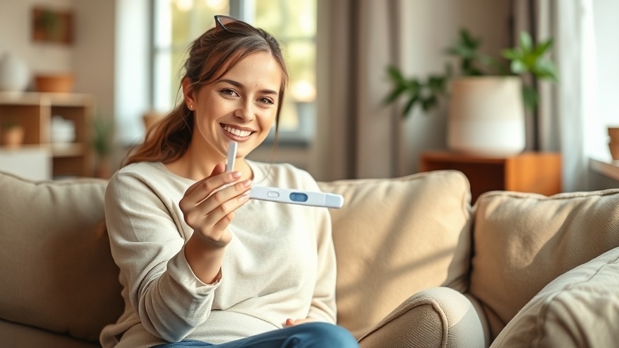Young woman celebrating wellness with a pregnancy test in a cozy living room, embodying women's wellness tips.
