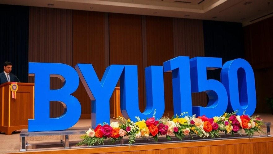'BYU 150' celebration with floral decor highlighting unique contributions to education in America.