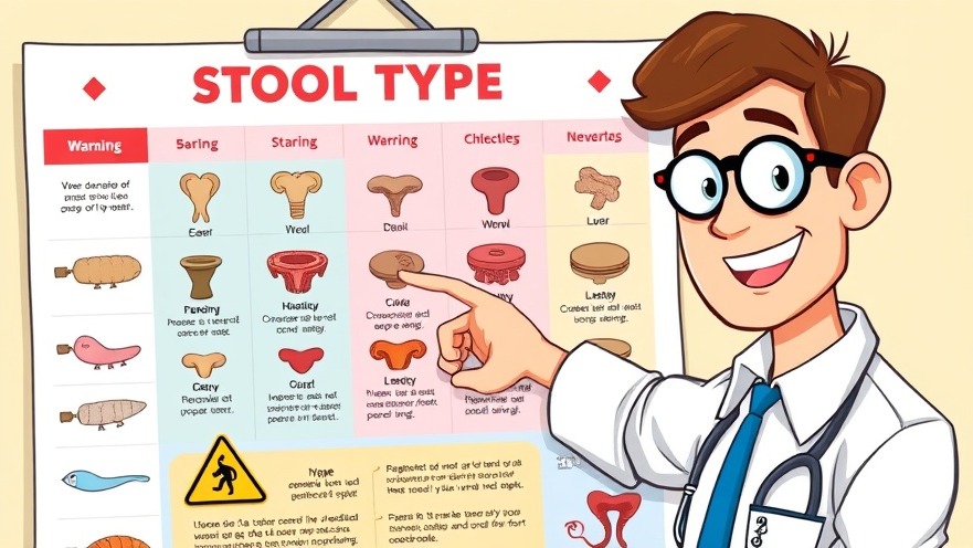 Informative chart on stool types for digestive health insights, man pointing.