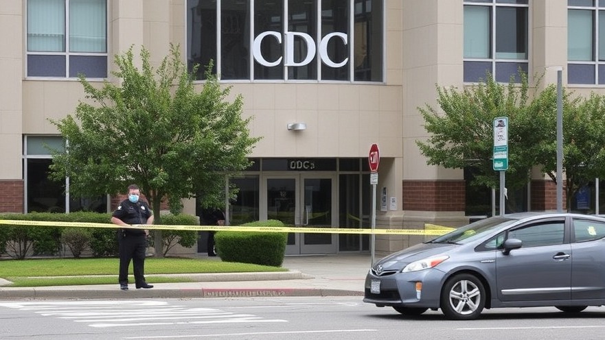 Crime scene outside CDC building highlighting gun violence and public safety measures.
