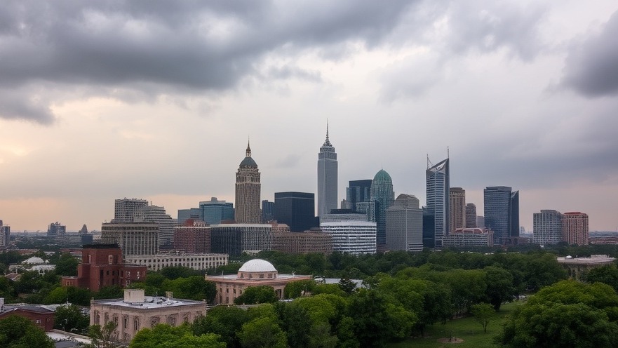 San Antonio skyline under rain clouds, highlighting weekend weather forecast and rain chances.