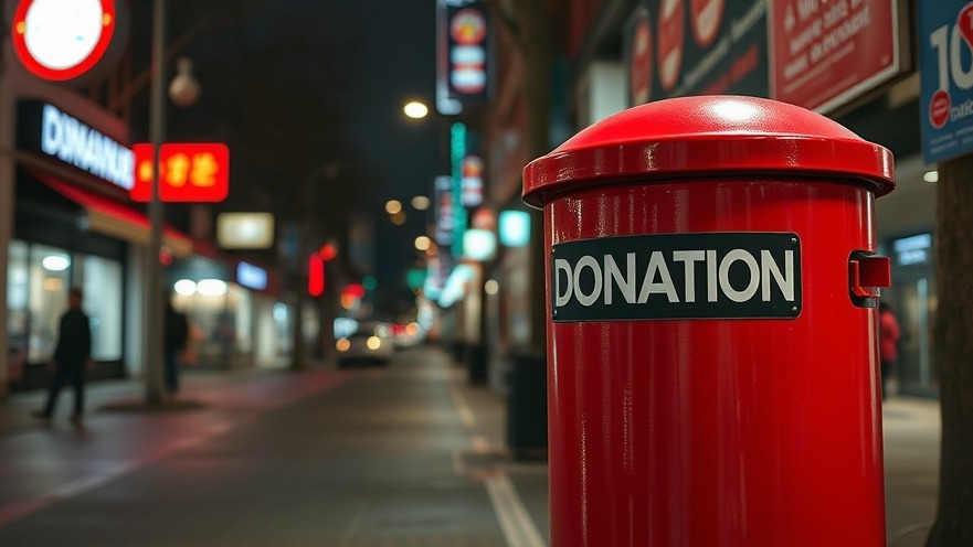 Photorealistic red donation bin highlighting community safety concerns at night.