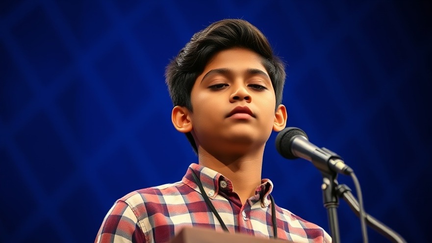 Focused young Indian male contestant at the Scripps National Spelling Bee in a moment of concentration.