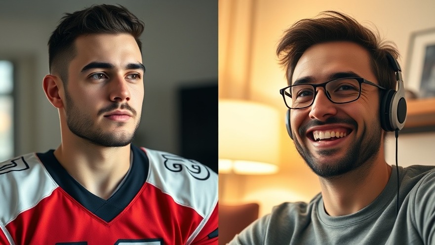Focused football player and relaxed man video calling, showcasing college football scores.