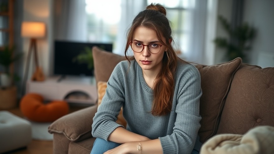 Sad young woman reflecting on urban crime issues in her living room.