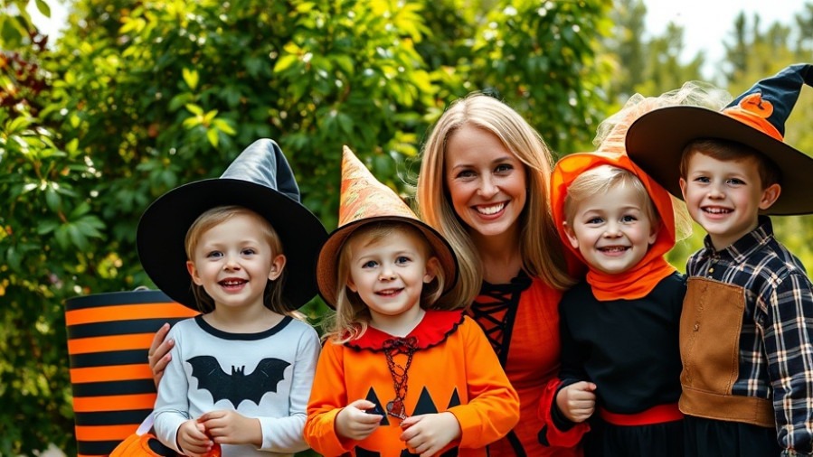 Cheerful family in Halloween costumes, celebrating celebrity pregnancy news outdoors.