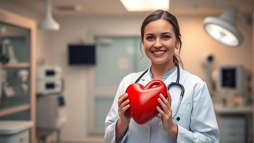 Smiling female doctor promoting heart disease prevention with a red heart model in a modern clinic.