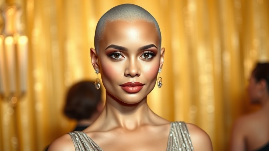 Confident bald white woman embodying resilience on her cancer journey at a glamorous event.