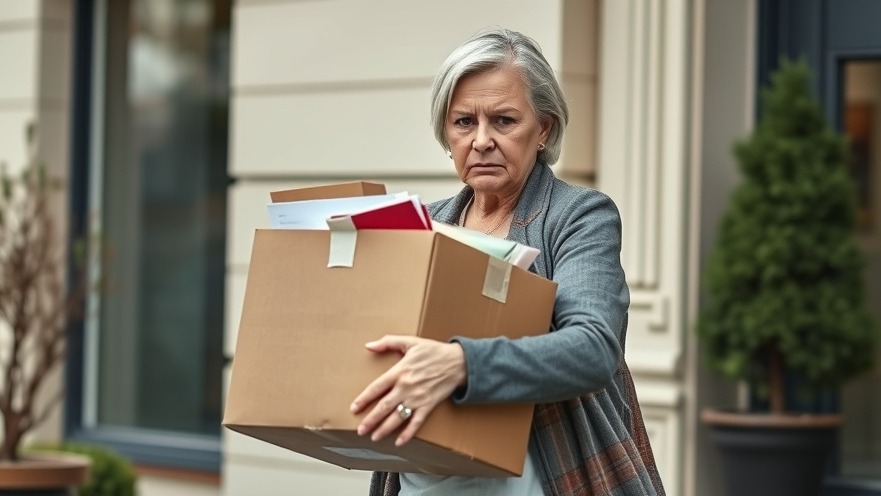 Angry middle-aged woman leaving with boxes amid economic data manipulation crisis.