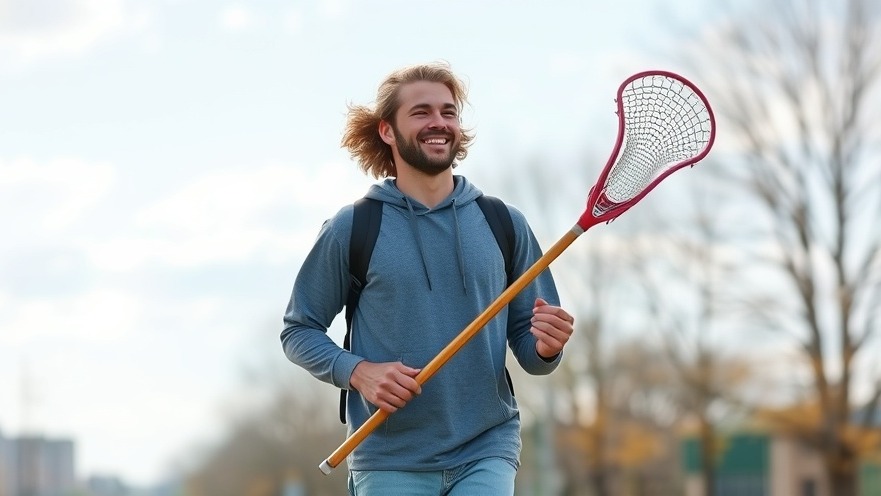 Smiling tall individual holding a lacrosse stick, embracing the spirit of sport.