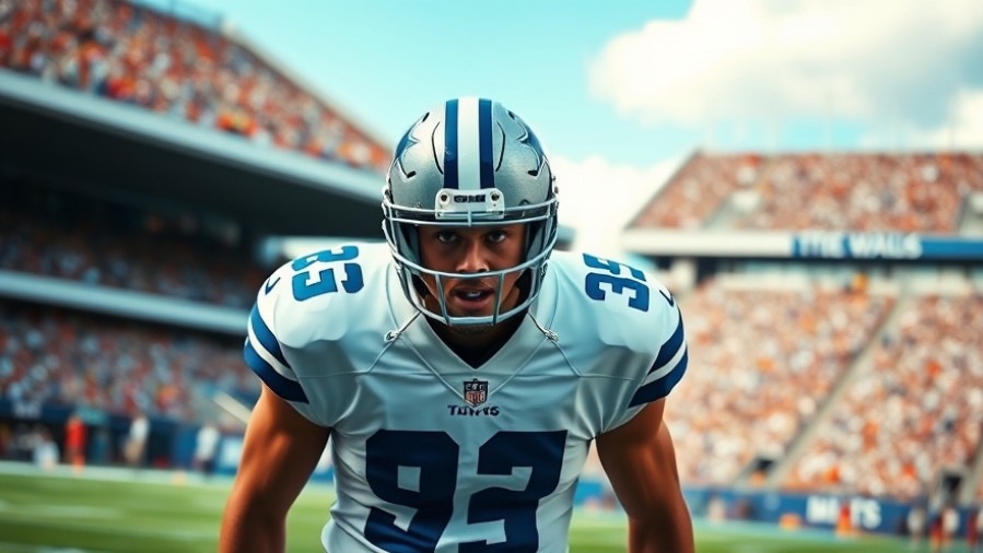 Focused Dallas Cowboys defense player, intense expression, vibrant stadium setting.