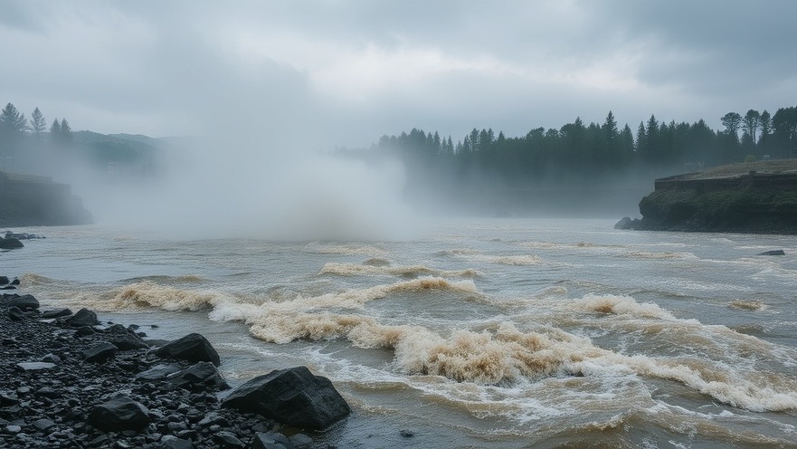 Raging flooded river illustrating Texas flood safety and summer camp regulations.