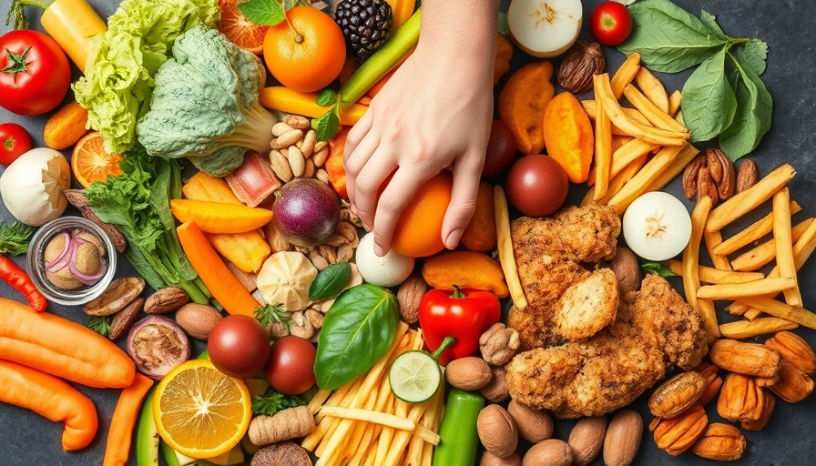 Assorted foods symbolizing 'stop tracking macros' concept with a hand reaching for fruit.