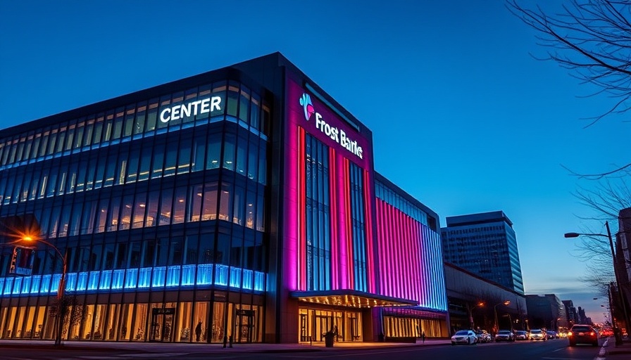 Frost Bank Center illuminated at dusk highlighting its design.