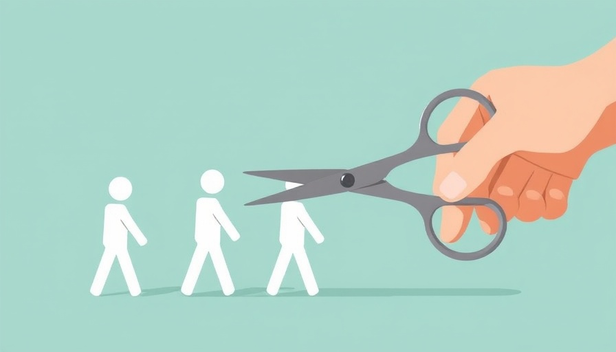 Illustration of layoffs cutting workforce with scissors.