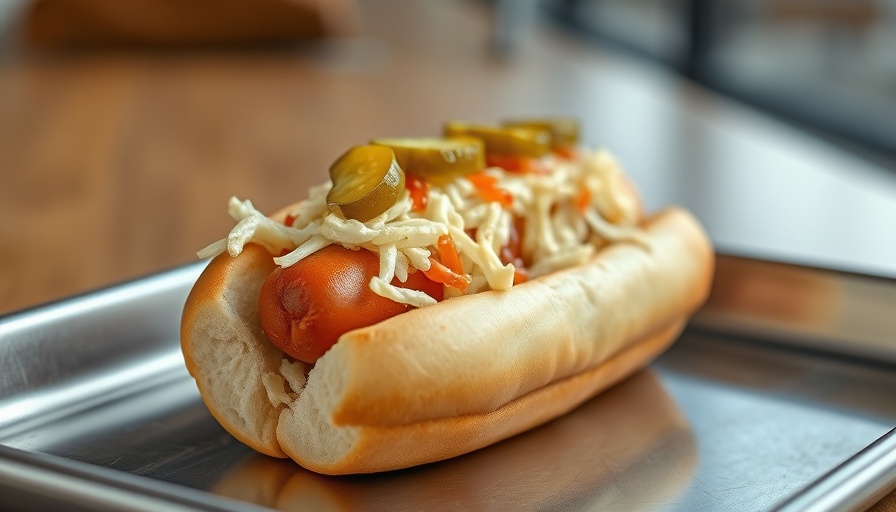 Flavorful hot dog topped with coleslaw and pickles.
