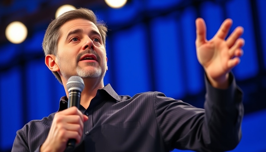 National news: confident speaker at event with microphone and blue background.