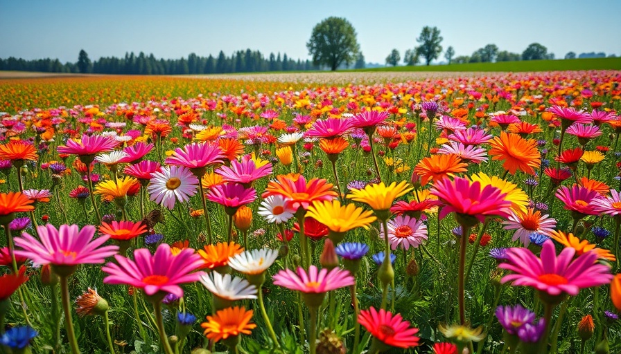 Colorful Texas wildflower field under clear blue sky.