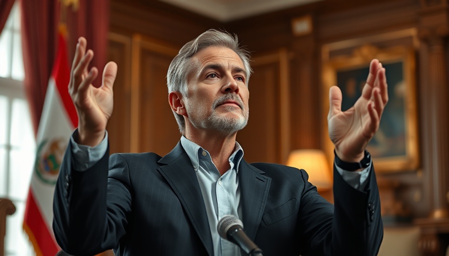 Thoughtful man raising hands, related to U.S. support for Ukraine, in elegant room.