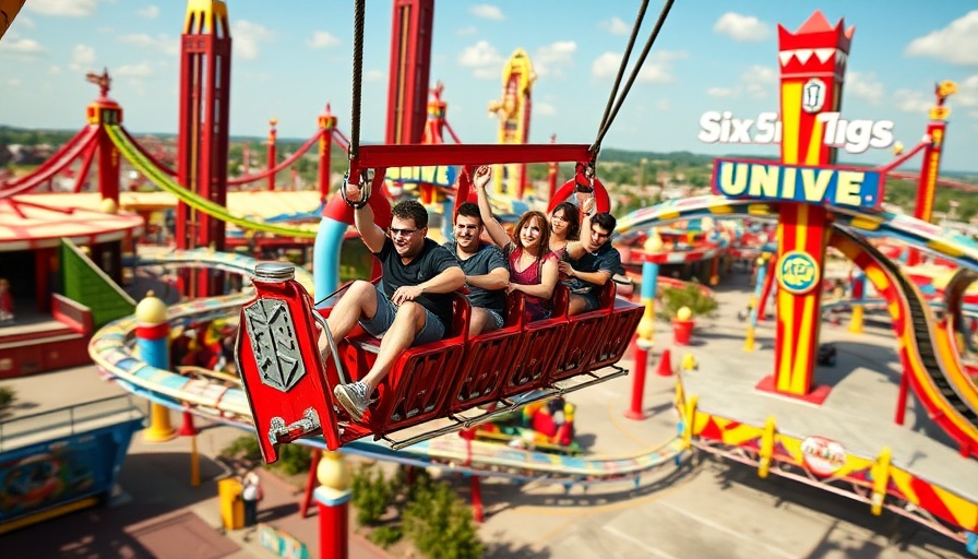 Exciting ride in Six Flags DC Universe area with thrilled riders.