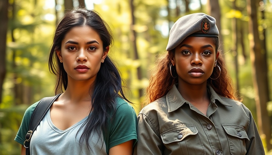 Two women standing outdoors, serious expressions, PTSD in Female Veterans focus.