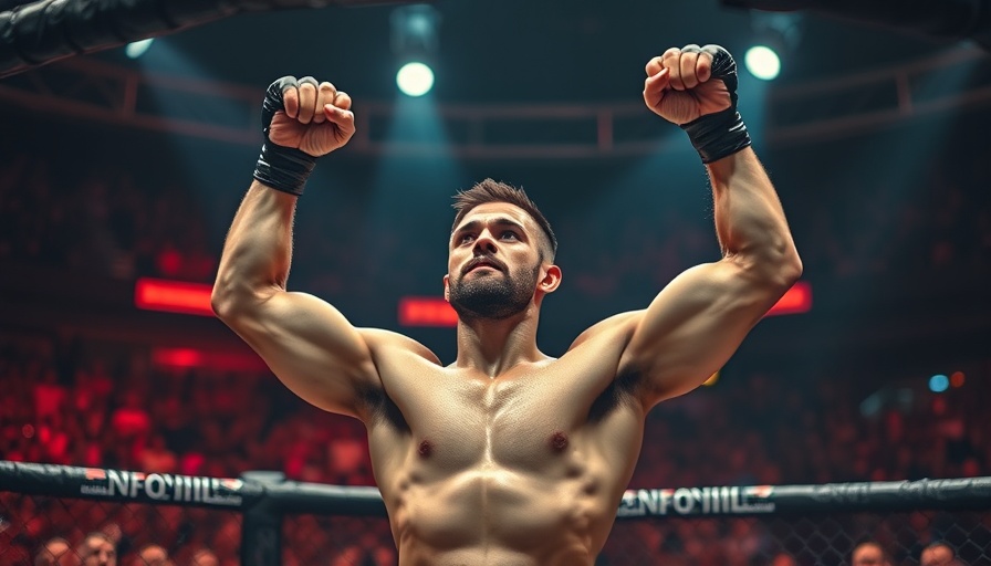 Fighter in octagon raises arms during national news story event.