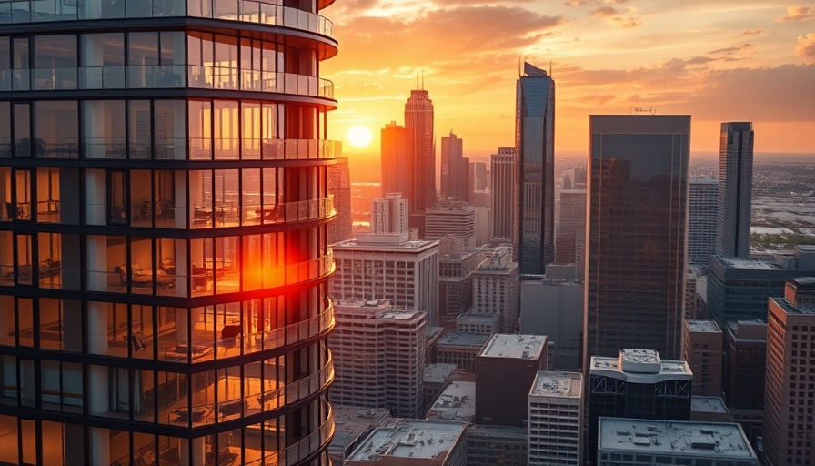 Luxury Dallas apartments with skyline view at sunset.