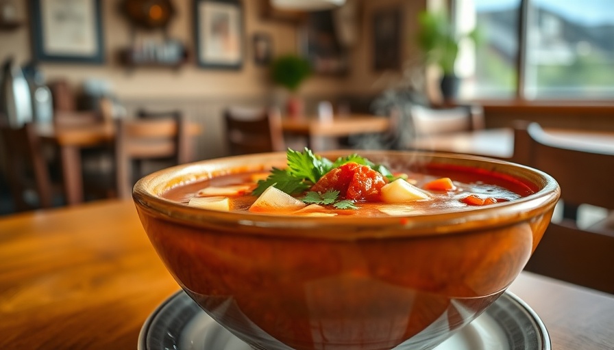 Hearty Ukrainian borscht in San Antonio café.