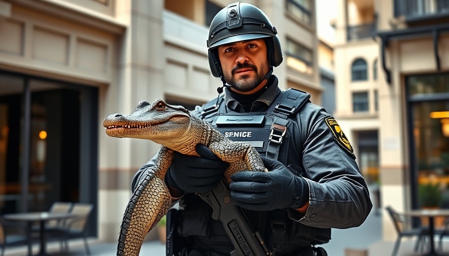 Officer holding alligator outside Texas building, law enforcement scene.