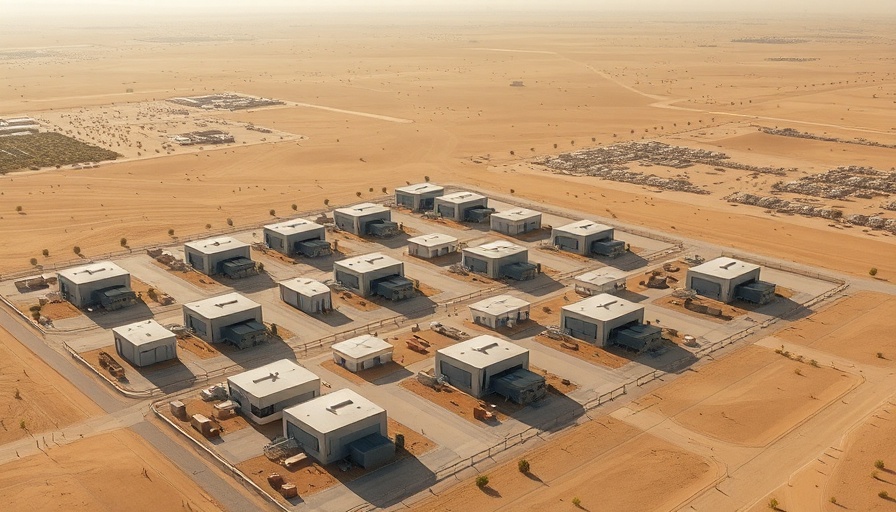 Aerial view of Last Energy nuclear microreactors in desert.
