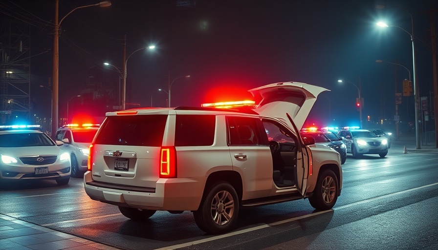 Scene of police surrounding SUV during night incident.