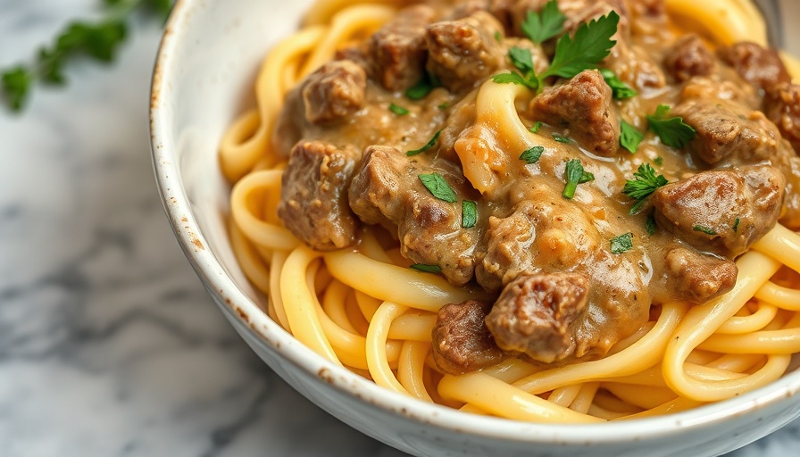 Close-up of beef stroganoff recipe in a white bowl with pasta.