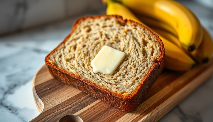 Rustic banana bread slice with butter, banana bread recipe.