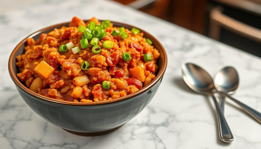Delicious Jambalaya Recipe in a bowl with toppings, on a marble surface.