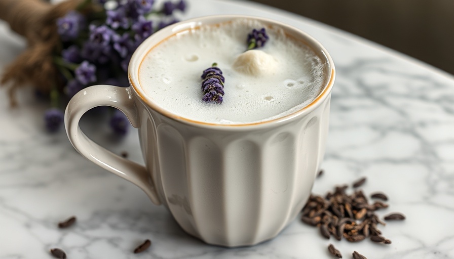 London Fog drink in a mug with lavender garnish.