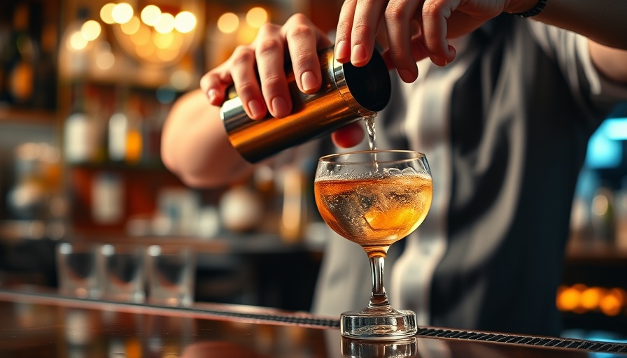 Bartender pouring cocktail during happy hours in Dallas, elegant bar scene.