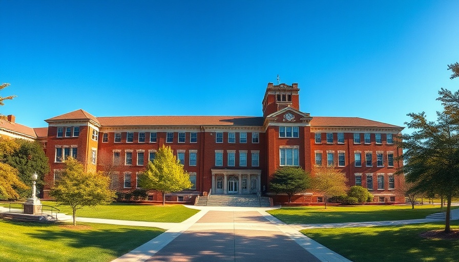 Large brick college building under blue sky at Texas A&M.