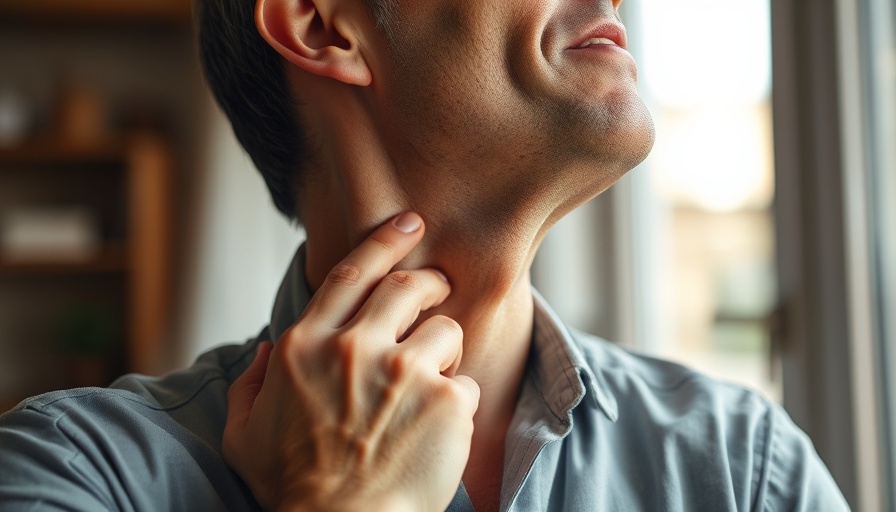 Man easing neck pain with gentle massage, natural light.