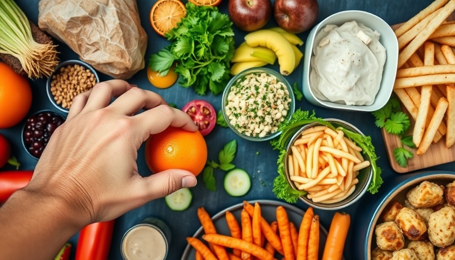 Vibrant food selection with hand reaching for fruit, stop tracking macros