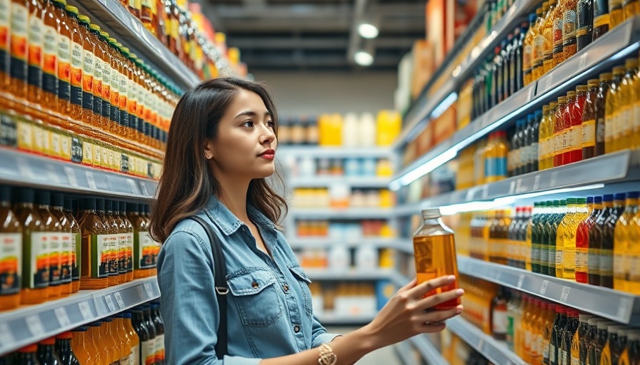 Young woman shops for cooking oils at grocery.