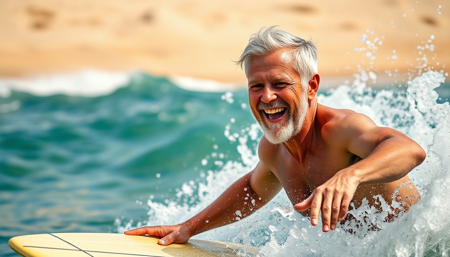 Energetic older man surfing in ocean to optimize testosterone naturally