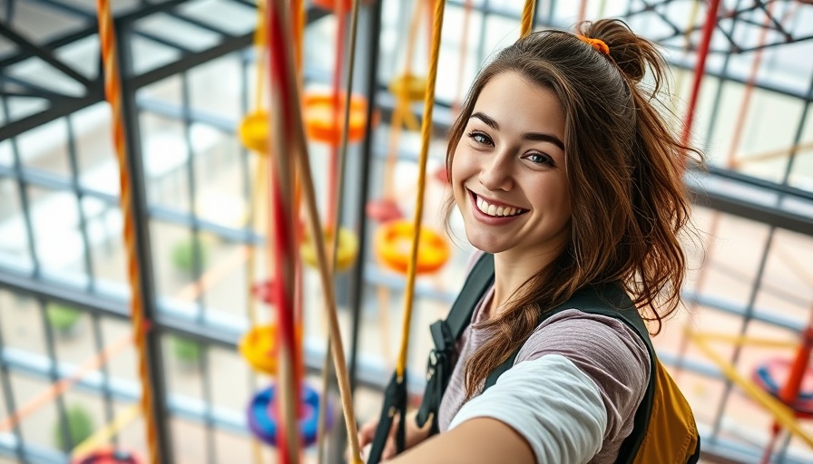 Adventurous young woman climbing ropes course in Dallas entertainment center.