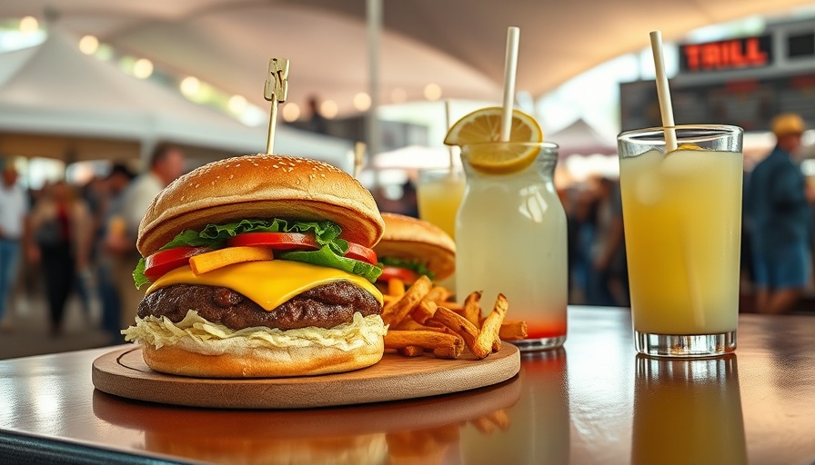 Trill Town Houston Rodeo food display with burgers and lemonade.