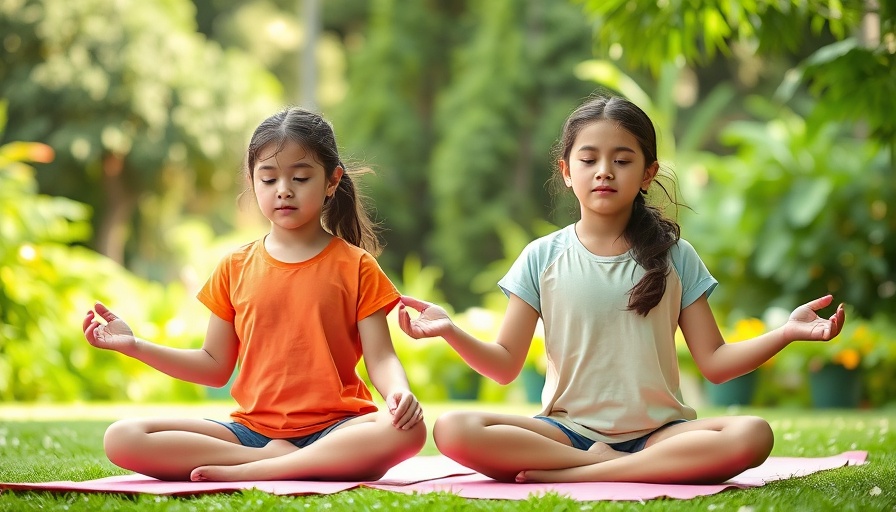 Young girls practicing yoga for children in a serene garden setting.