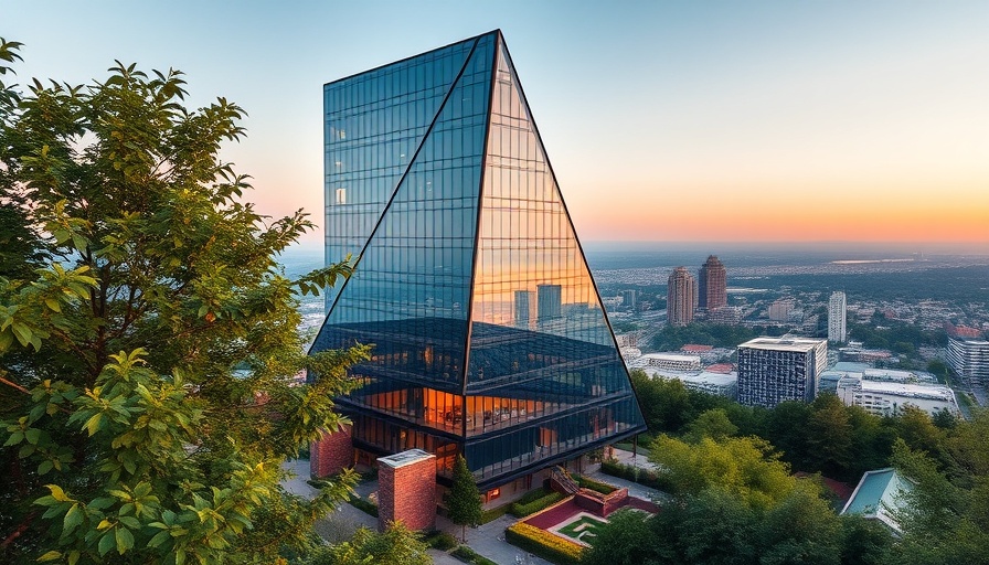 Houston business modern office building at sunset.