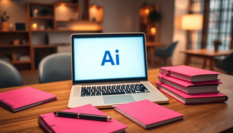 Open laptop with AI logo on desk near pink notebook, Texas A&M University AI Consortium.