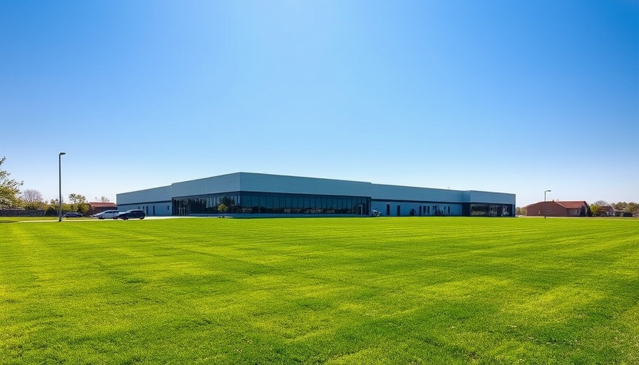 Houston business with large building and green lawn, sunny day.