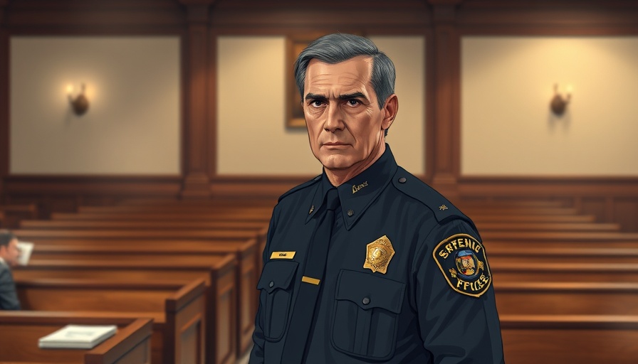 Illustration of a serious officer in a courtroom setting.