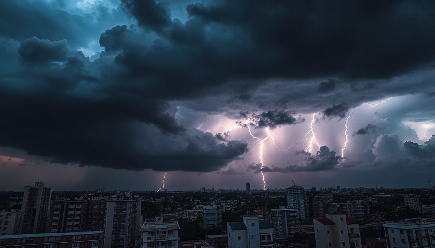 Houston storm power outages with dramatic lightning and dark clouds.