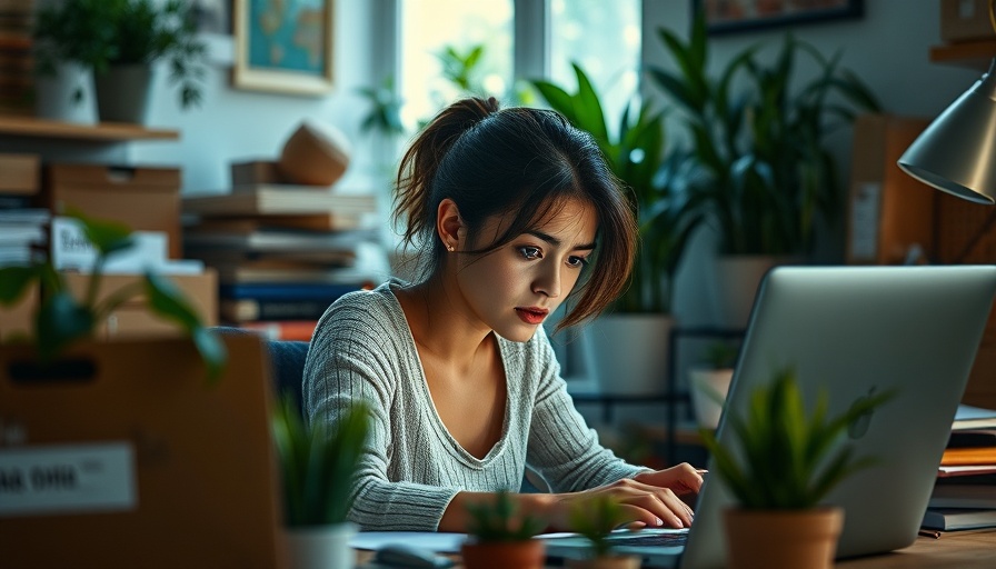 Signs of side hustle burnout: young woman working at cluttered desk in home office.